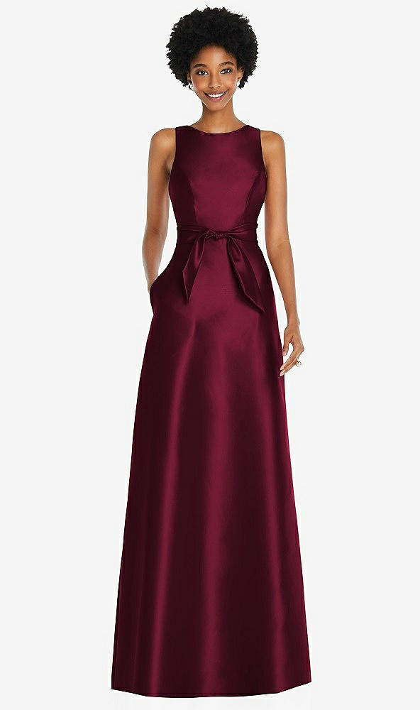 Front View - Cabernet Jewel-Neck V-Back Maxi Dress with Mini Sash