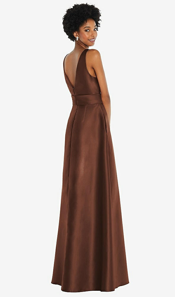 Back View - Cognac Jewel-Neck V-Back Maxi Dress with Mini Sash