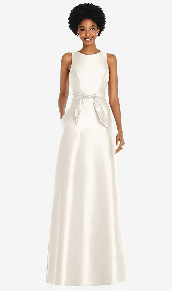 Front View - Ivory Jewel-Neck V-Back Maxi Dress with Mini Sash