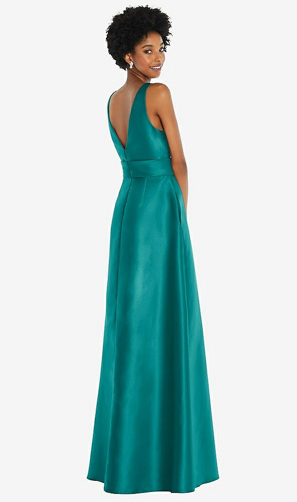 Back View - Jade Jewel-Neck V-Back Maxi Dress with Mini Sash