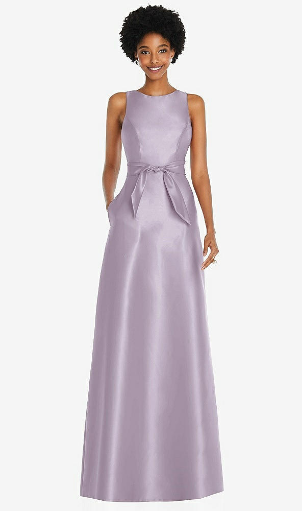 Front View - Lilac Haze Jewel-Neck V-Back Maxi Dress with Mini Sash