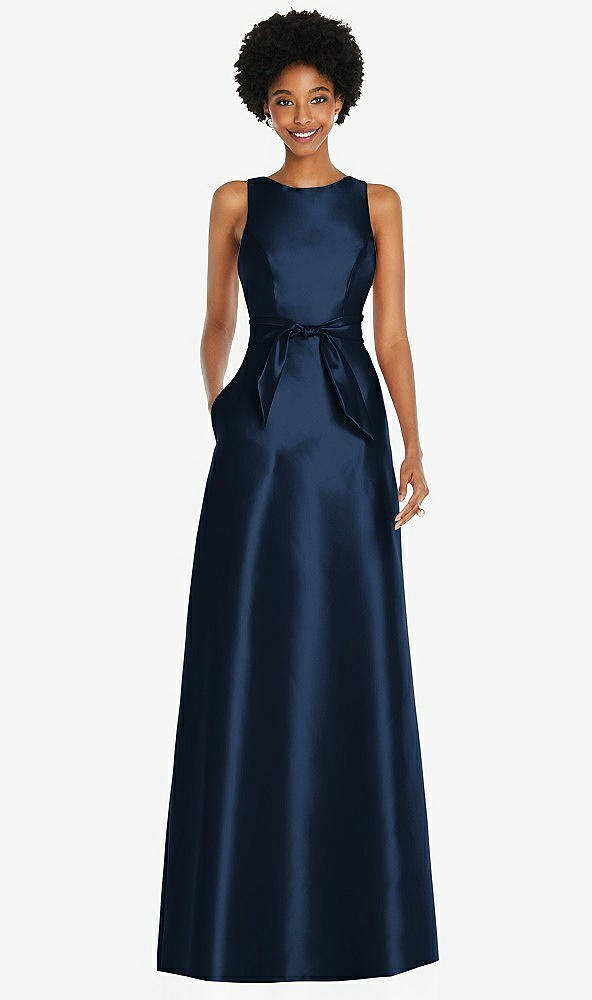 Front View - Midnight Navy Jewel-Neck V-Back Maxi Dress with Mini Sash