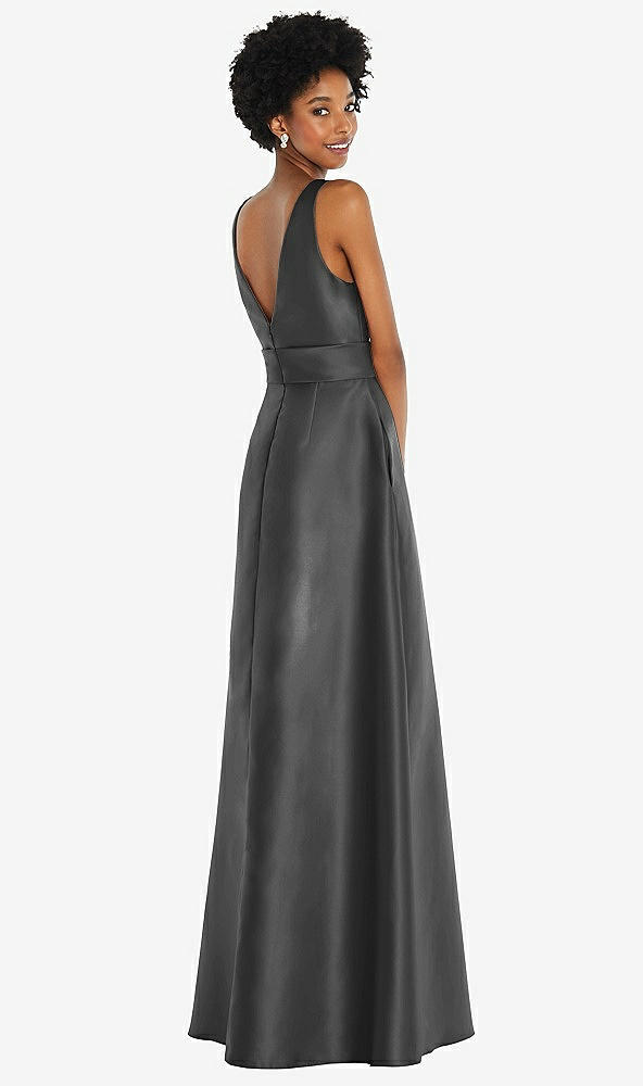 Back View - Pewter Jewel-Neck V-Back Maxi Dress with Mini Sash