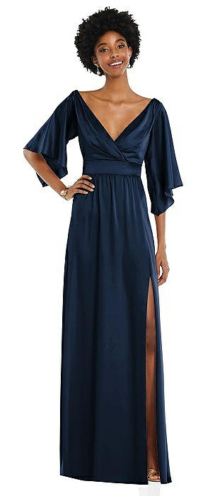 Asymmetric Bell Sleeve Wrap Maxi Dress with Front Slit