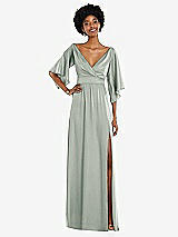 Front View Thumbnail - Willow Green Asymmetric Bell Sleeve Wrap Maxi Dress with Front Slit