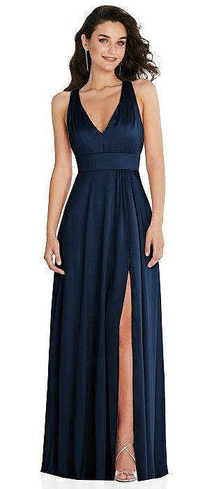 Shirred Shoulder Criss Cross Back Maxi Dress with Front Slit