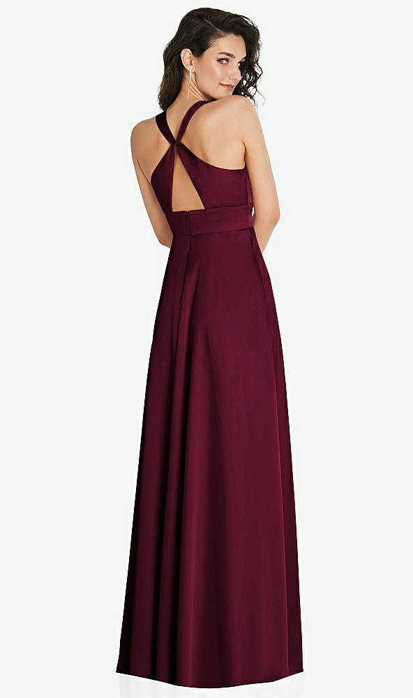 Back View - Cabernet Shirred Shoulder Criss Cross Back Maxi Dress with Front Slit