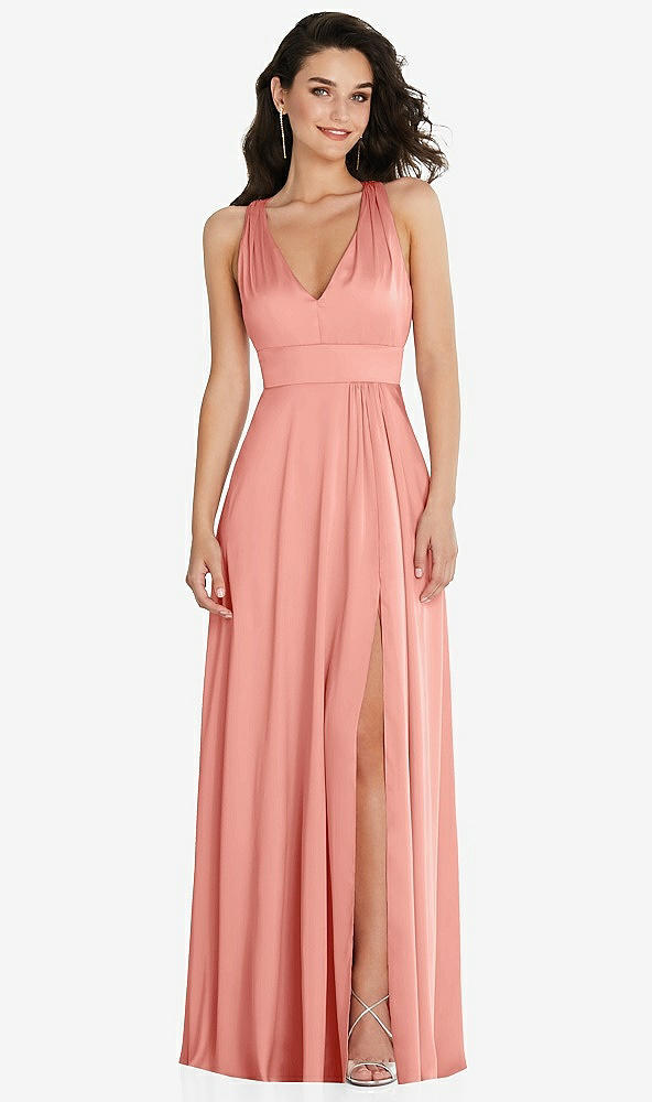 Front View - Rose - PANTONE Rose Quartz Shirred Shoulder Criss Cross Back Maxi Dress with Front Slit