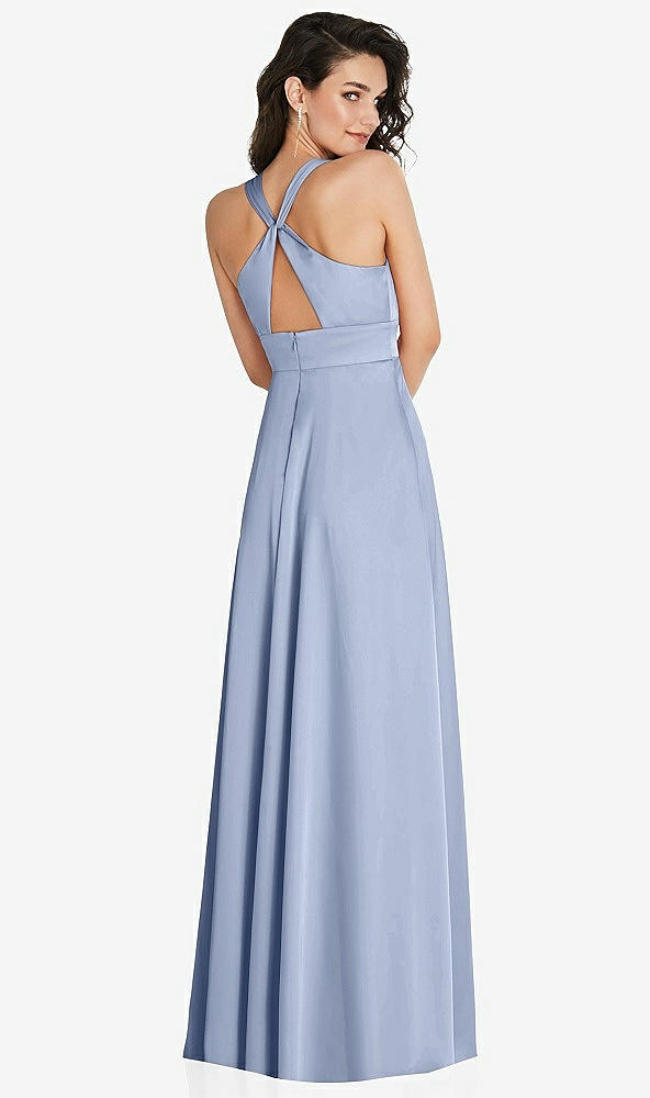 Back View - Sky Blue Shirred Shoulder Criss Cross Back Maxi Dress with Front Slit