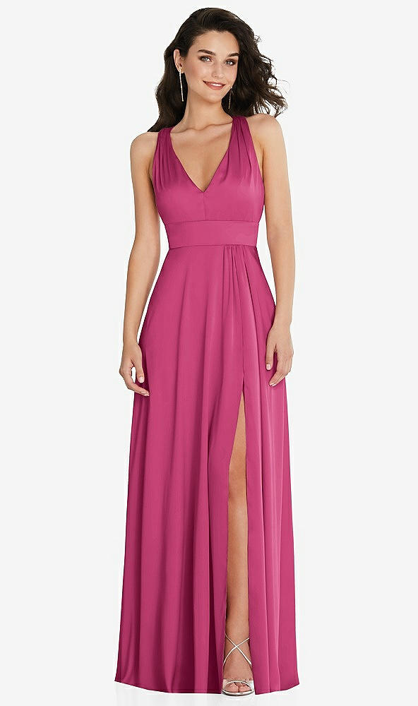 Front View - Tea Rose Shirred Shoulder Criss Cross Back Maxi Dress with Front Slit