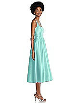 Side View Thumbnail - Coastal Square Neck Full Skirt Satin Midi Dress with Pockets