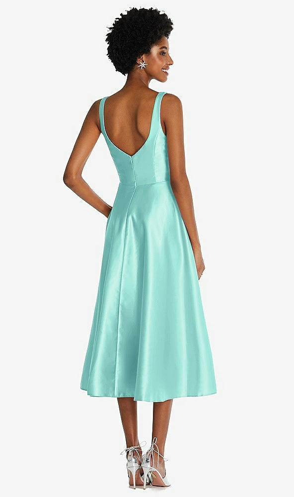 Back View - Coastal Square Neck Full Skirt Satin Midi Dress with Pockets