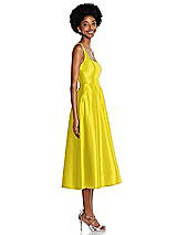 Side View Thumbnail - Citrus Square Neck Full Skirt Satin Midi Dress with Pockets