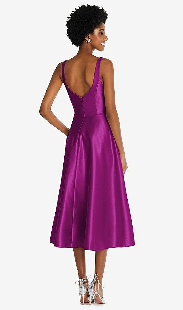 Back View - Persian Plum Square Neck Full Skirt Satin Midi Dress with Pockets