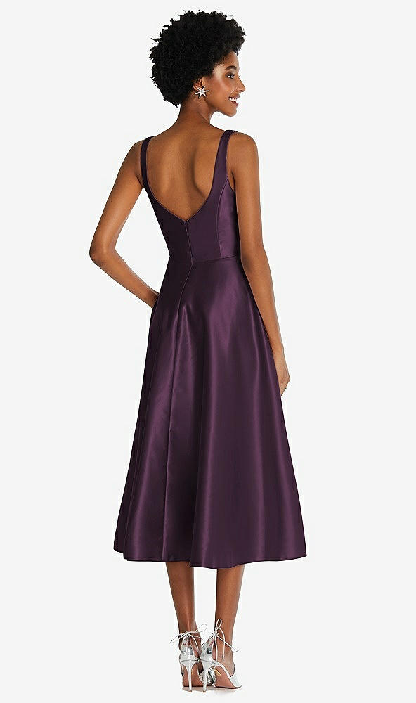 Back View - Aubergine Square Neck Full Skirt Satin Midi Dress with Pockets