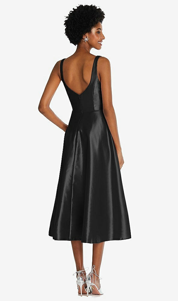 Back View - Black Square Neck Full Skirt Satin Midi Dress with Pockets