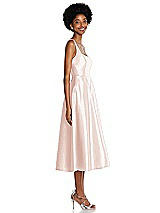 Side View Thumbnail - Blush Square Neck Full Skirt Satin Midi Dress with Pockets