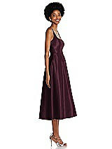 Side View Thumbnail - Bordeaux Square Neck Full Skirt Satin Midi Dress with Pockets