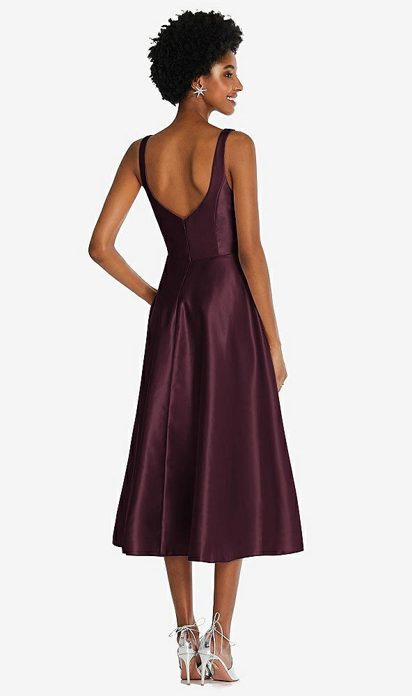 Back View - Bordeaux Square Neck Full Skirt Satin Midi Dress with Pockets