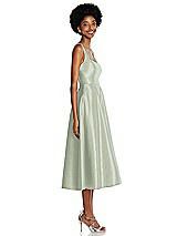 Side View Thumbnail - Celadon Square Neck Full Skirt Satin Midi Dress with Pockets