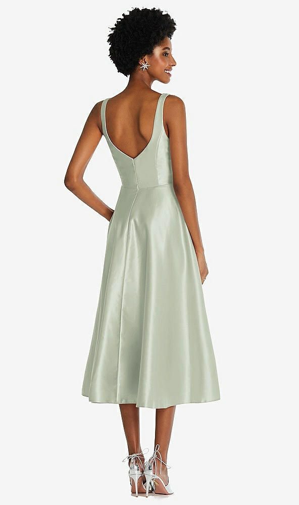 Back View - Celadon Square Neck Full Skirt Satin Midi Dress with Pockets