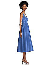 Side View Thumbnail - Cornflower Square Neck Full Skirt Satin Midi Dress with Pockets