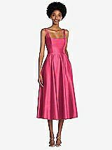 Front View Thumbnail - Pantone Honeysuckle Square Neck Full Skirt Satin Midi Dress with Pockets