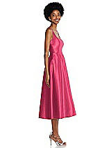 Side View Thumbnail - Pantone Honeysuckle Square Neck Full Skirt Satin Midi Dress with Pockets