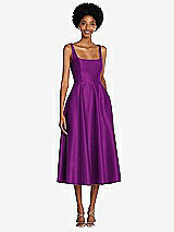 Front View Thumbnail - Dahlia Square Neck Full Skirt Satin Midi Dress with Pockets