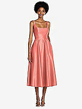 Front View Thumbnail - Ginger Square Neck Full Skirt Satin Midi Dress with Pockets