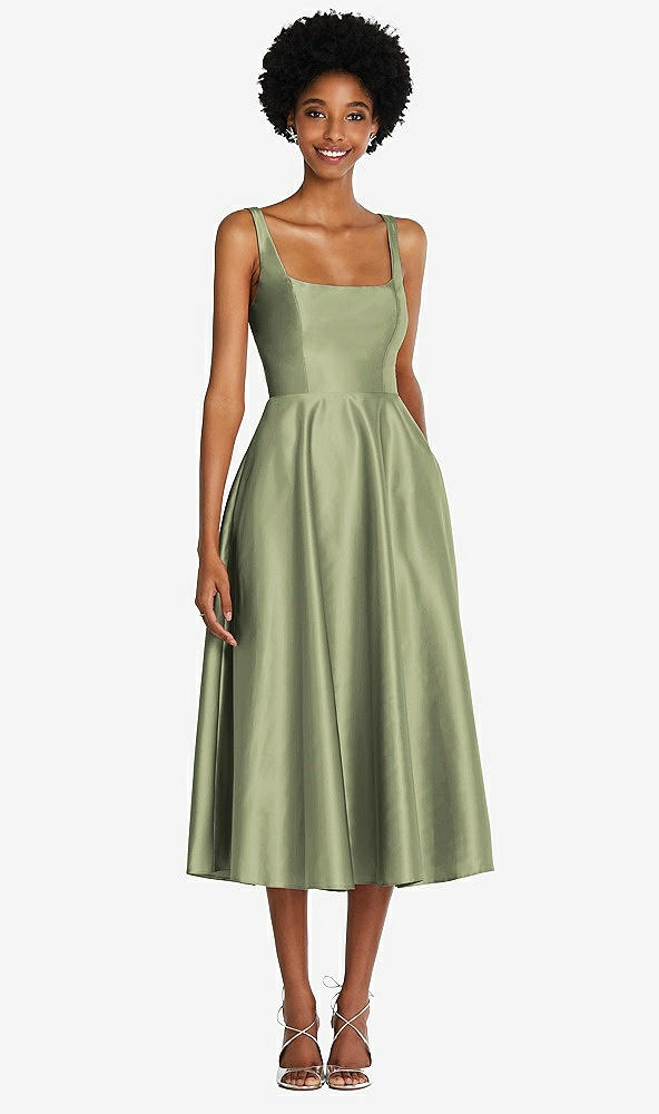 Front View - Kiwi Square Neck Full Skirt Satin Midi Dress with Pockets