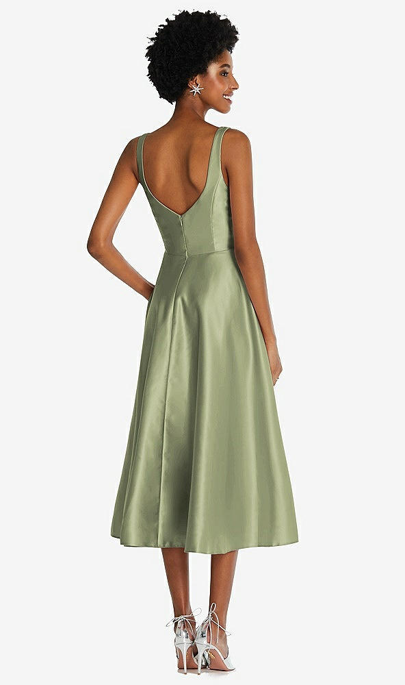 Back View - Kiwi Square Neck Full Skirt Satin Midi Dress with Pockets