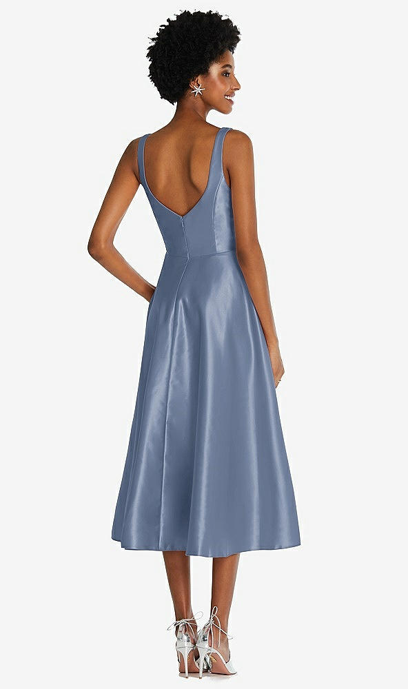 Back View - Larkspur Blue Square Neck Full Skirt Satin Midi Dress with Pockets