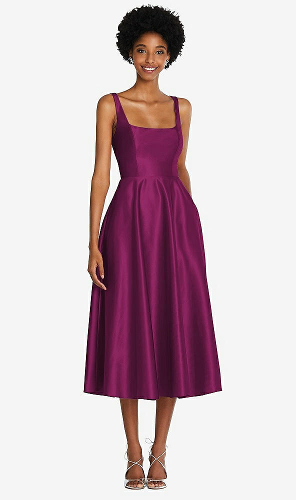 Front View - Merlot Square Neck Full Skirt Satin Midi Dress with Pockets