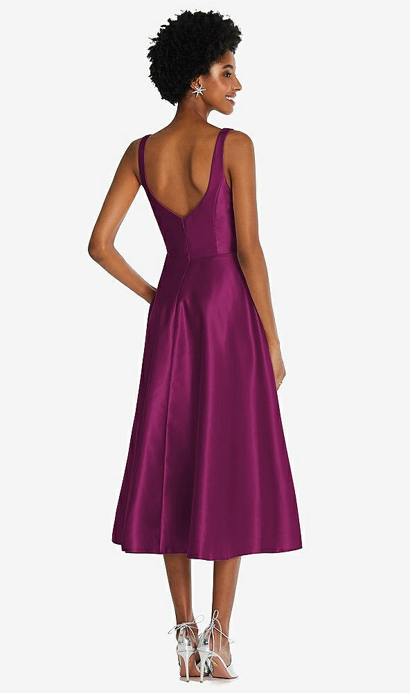 Back View - Merlot Square Neck Full Skirt Satin Midi Dress with Pockets