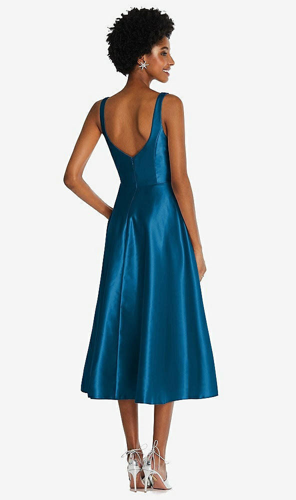 Back View - Ocean Blue Square Neck Full Skirt Satin Midi Dress with Pockets