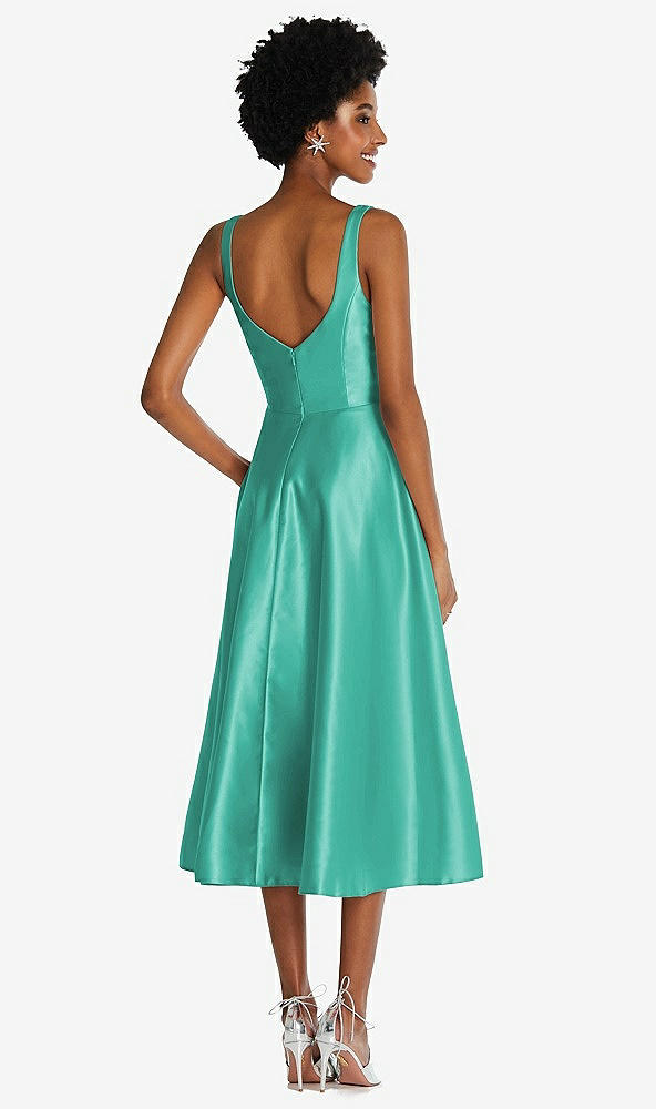 Back View - Pantone Turquoise Square Neck Full Skirt Satin Midi Dress with Pockets