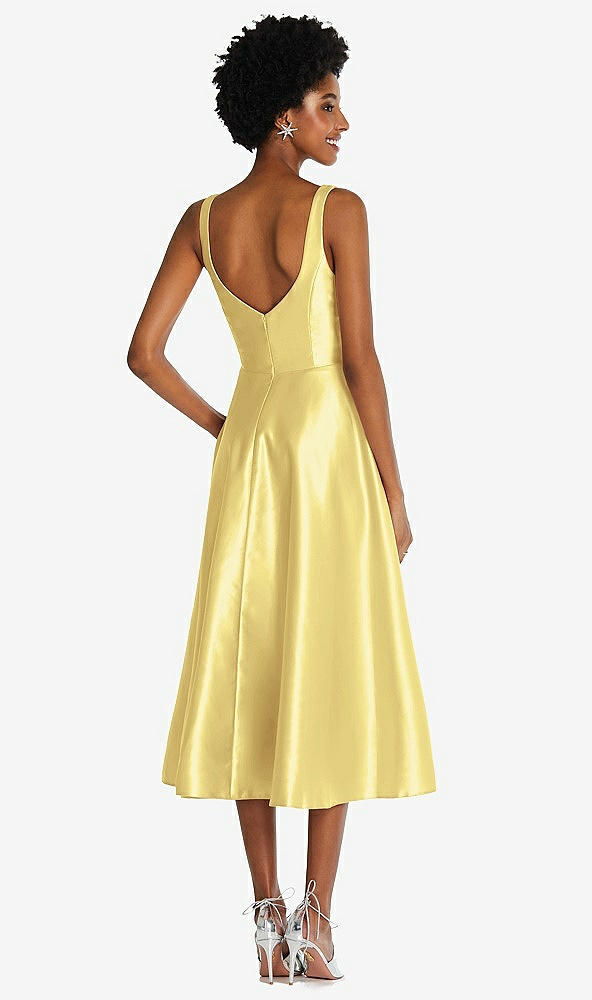 Back View - Sunflower Square Neck Full Skirt Satin Midi Dress with Pockets