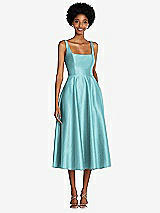 Front View Thumbnail - Spa Square Neck Full Skirt Satin Midi Dress with Pockets