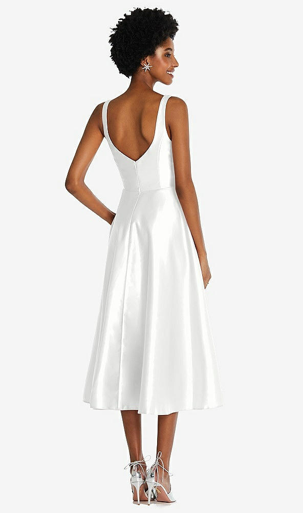 Back View - White Square Neck Full Skirt Satin Midi Dress with Pockets