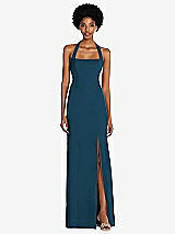 Front View Thumbnail - Atlantic Blue Tie Halter Open Back Trumpet Gown 