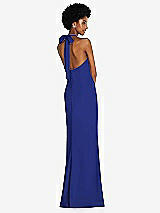 Rear View Thumbnail - Cobalt Blue Tie Halter Open Back Trumpet Gown 