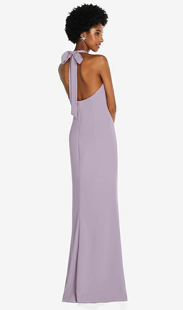 Back View - Lilac Haze Tie Halter Open Back Trumpet Gown 