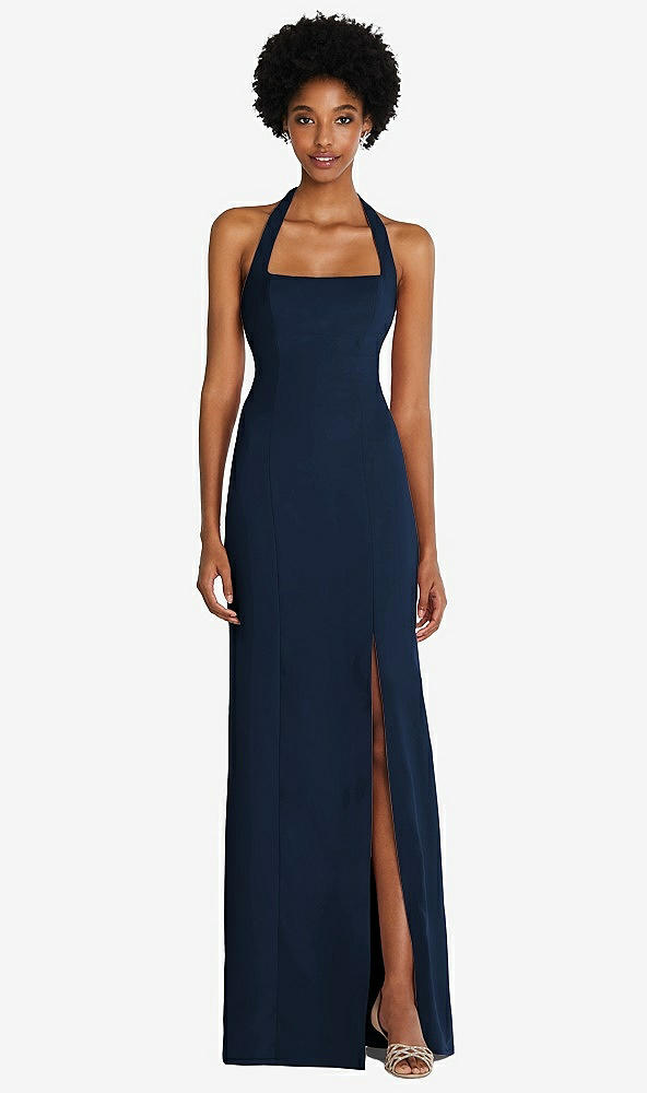 Front View - Midnight Navy Tie Halter Open Back Trumpet Gown 