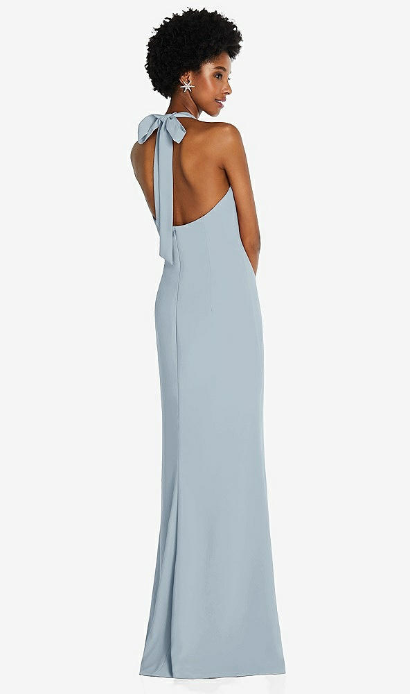 Back View - Mist Tie Halter Open Back Trumpet Gown 