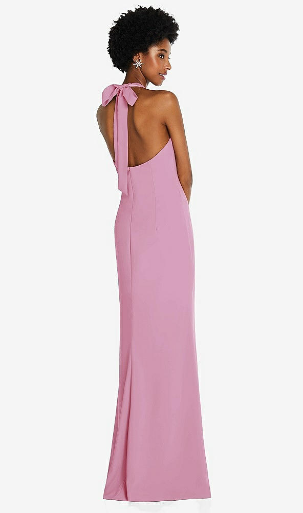 Back View - Powder Pink Tie Halter Open Back Trumpet Gown 