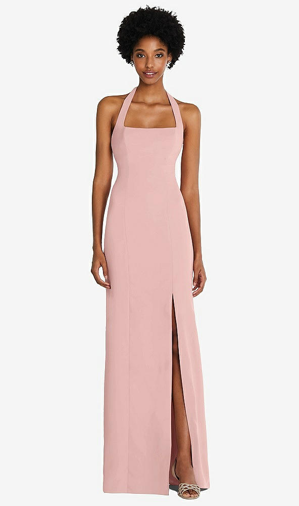 Front View - Rose - PANTONE Rose Quartz Tie Halter Open Back Trumpet Gown 