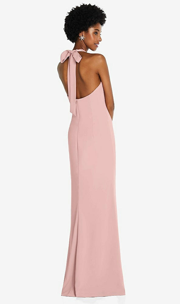 Back View - Rose - PANTONE Rose Quartz Tie Halter Open Back Trumpet Gown 