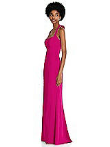 Side View Thumbnail - Think Pink Tie Halter Open Back Trumpet Gown 