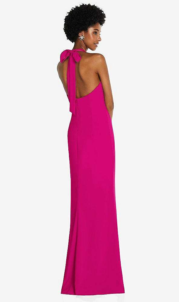 Back View - Think Pink Tie Halter Open Back Trumpet Gown 